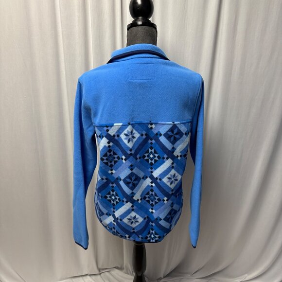 Lands End Womens Fleece Pullover Size Blue Patchwork Pattern Sweatshirt Comfy - Picture 4 of 9